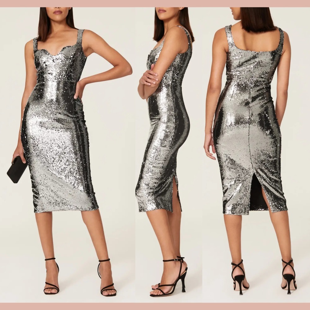 NEW $198 Dress the Population [ XL ] Sloane Sequin Sheath‎ Dress Silver
